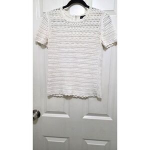 Banana Republic White Crochet Short Sleeve Top Scalloped Edges Back Zipper Women